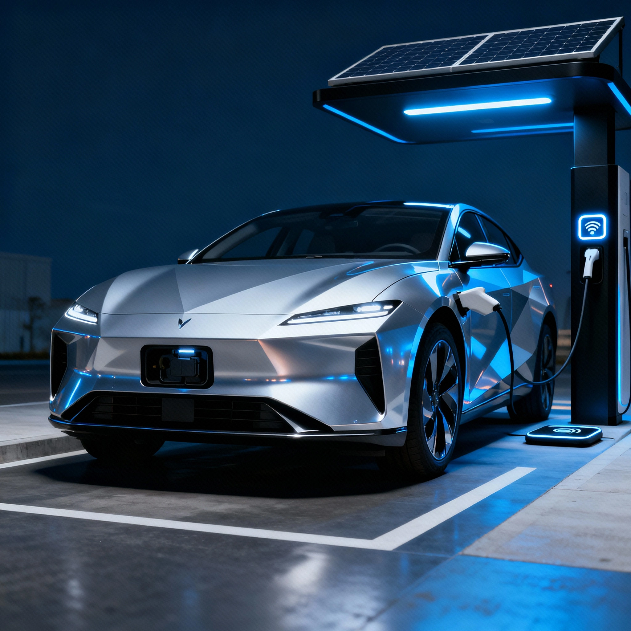 Modern electric vehicle with sleek design at charging station showcasing EV technology